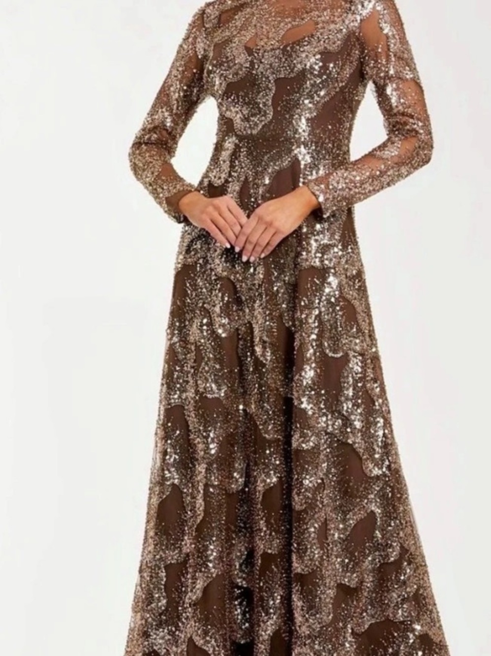 Mac Duggal Sequin Long Sleeve High Neck Column Gown Brown